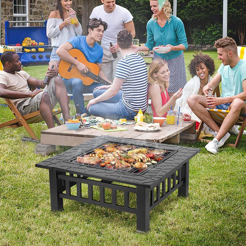 Red Barrel Studio 32 Steel Fire Pit Metal Bonfire Square Firepit Patio Outdoor Wood Burning Fireplace Bbq Grill Fire Bowl W Spark Screen Log Gr